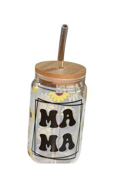 16 Oz Iced Coffee/Iced Drink Glass With Lid & Glass Straw-Sunflower Mama